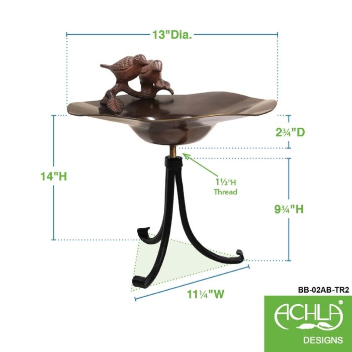 Achla Designs 13"Dia. Round Antique Patina Brass/Aluminum Birds Birdbath w/Tall Black Wrought Iron Tripod Stand - Image 2