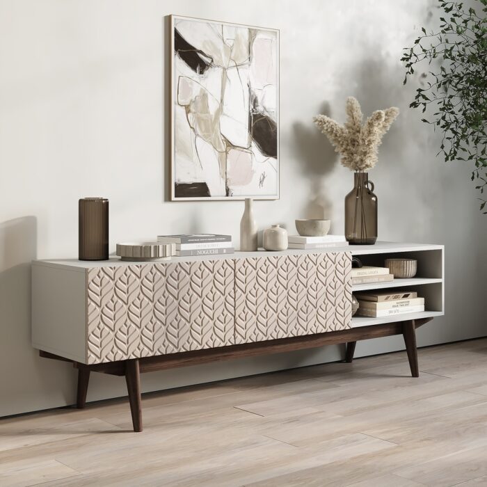 Living Skog Kelly TV Stand Console Fits TV's up to 65 in. with Wood Legs in Mid Century Modern Scandinavian Design - Image 2