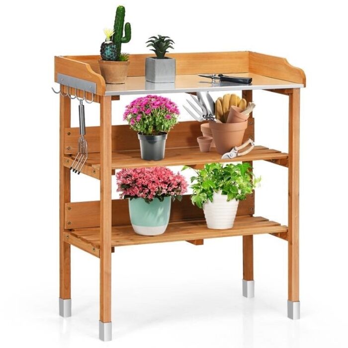 Outdoor Garden Bench Table with Bottom Storage Shelves and Metal Top - 30" x 14.5" x 35"