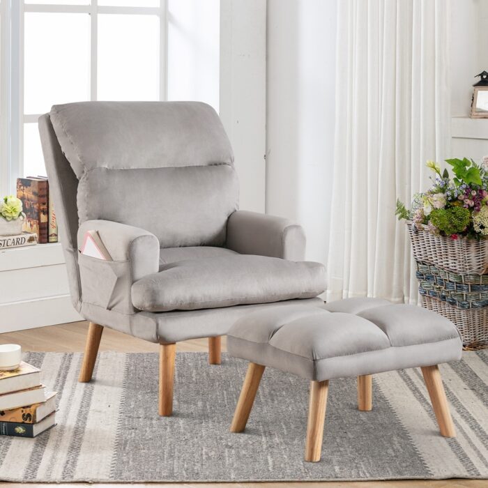 Soft Fabric Armchair with Adjustable Backrest and Side Pockets,with Ottoman - Image 2