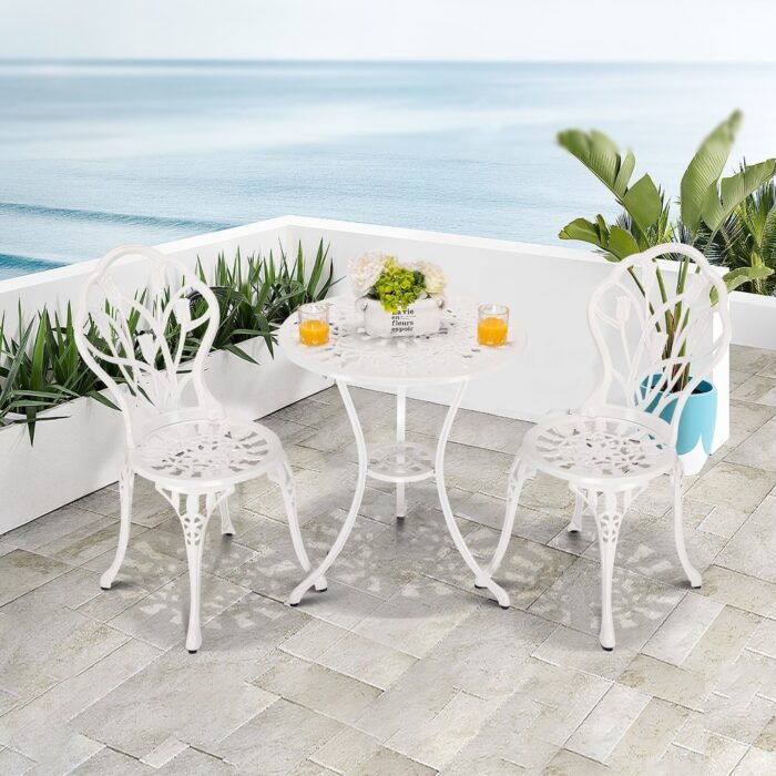 HOMEFUN 23.6 inch Black Long 3-Piece White Tulip Aluminum Bistro Set - Image 2