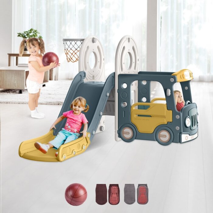 Green+Yellow 4 in 1 Toddler Slide, Kid Slide for Toddlers Age 1-3, Indoor Outdoor Bus Themed Toddler Playset Toddler Playground - Image 2