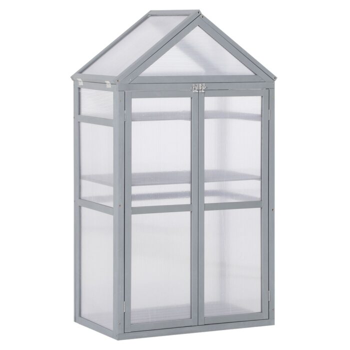 Outsunny 32" x 19" x 54" Garden Wood Cold Frame Greenhouse Flower Planter with Adjustable Shelves, Double Doors, Grey - Image 2