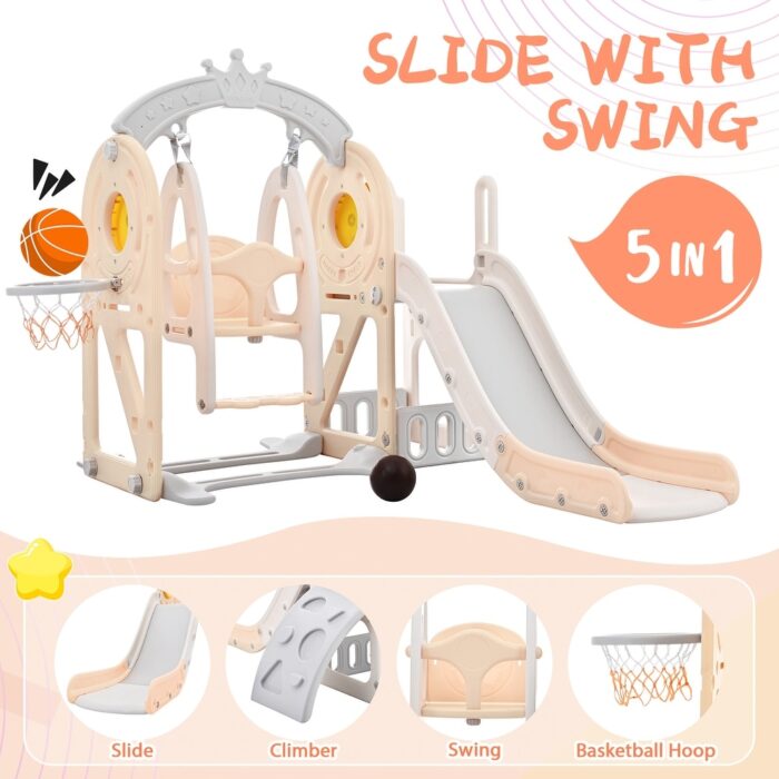 Toddler Slide and Swing Set 5 in 1, Kids Playground Climber Slide Playset with Basketball Hoop for Babies Indoor & Outdoor