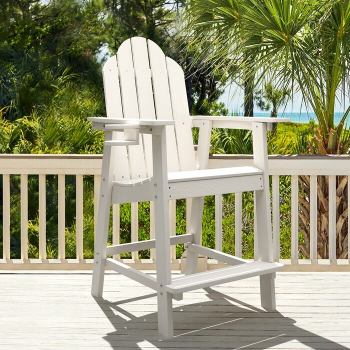 LUE BONA All Weather Plastic Outdoor Bar Stool Adirondack Chairs Bar Height Arm Chairs with Cup Holder for Balcony, Deck, Patio