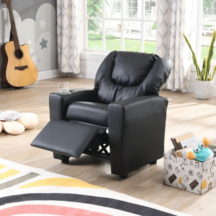 Kids Upholstered Couch with One Cup Holder, Footrest, Backrest, Toddlers Velvet Recliner with Headrest and Footrest - Image 2