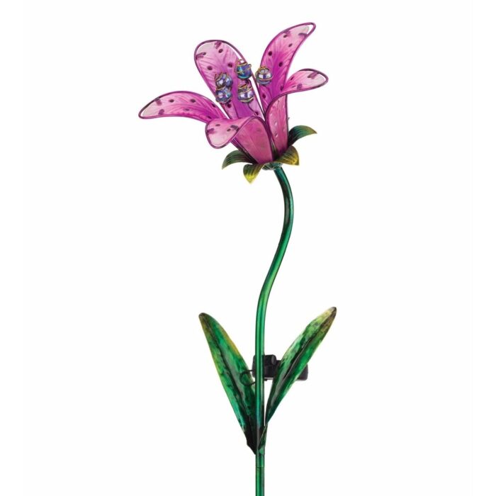 One Red and One Pink Solar Tiger Lily Stake - Image 2