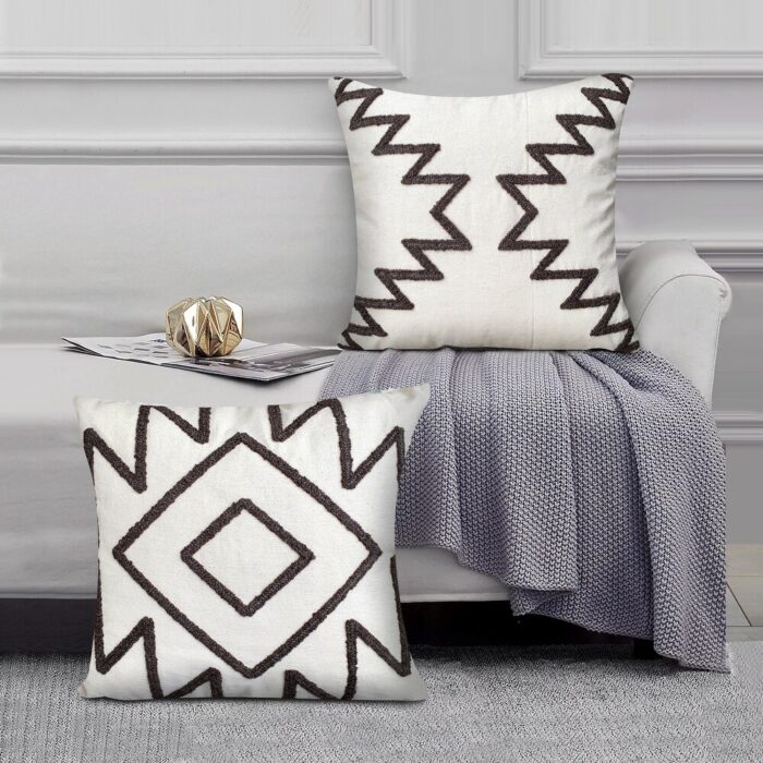 17 x 17 Inch 2 Piece Square Cotton Accent Throw Pillow Set with Modern Geometric Aztec Design Embroidery, White, Gray - Image 2