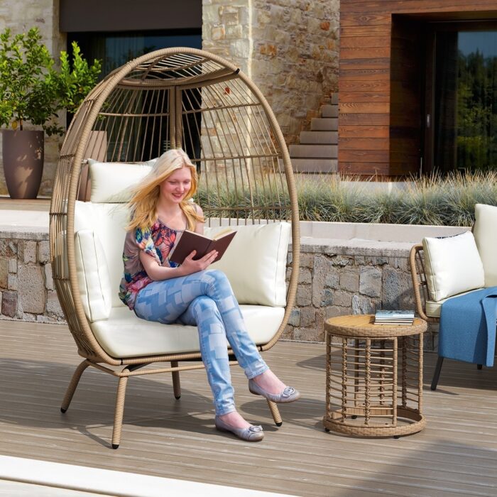 Asey Wicker Egg Chair with Coffee Side Table Oversized Lounger with Cushion - Image 2