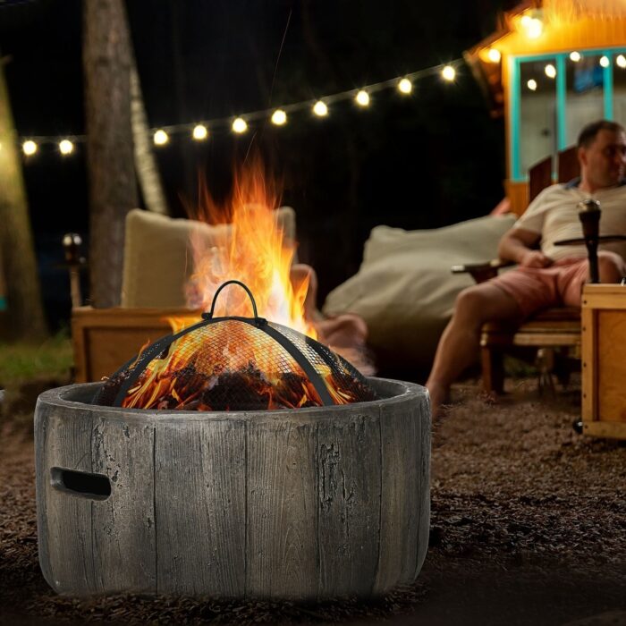 Outsunny Outdoor Fire Pit, 18 Inch Metal Wood Burning Fireplace with Spark Cover, Poker, Woodgrain Design