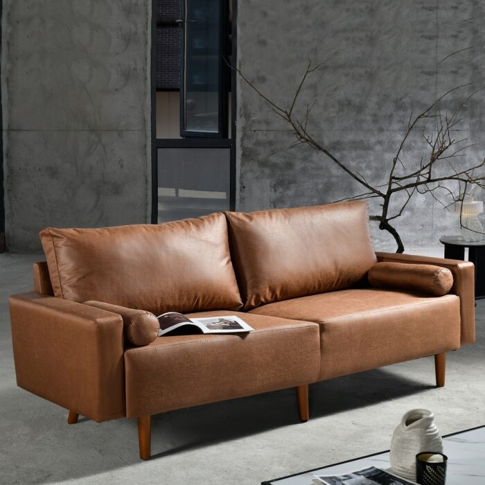 HOOOWOOO Mid-Century Modern Upholstered Sofa Couch with Rolled Pillows