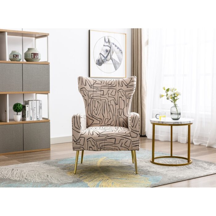 Velvet Upholstered Decorative pattern Wingback Armchair With Rose Golden Legs