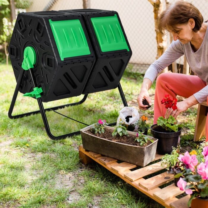 Dual Chamber Garden Compost Tumbler with Sliding Doors-Black & Green - 25.5" x 23.5" x 29" - Image 2