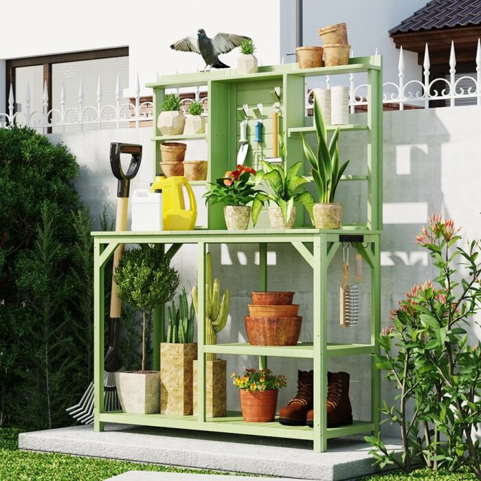 Wooden Outdoor Potting Table with 6-Tier Shelves