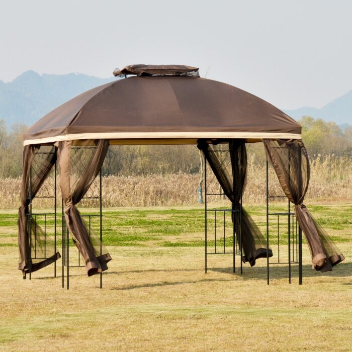 Outsunny 10' x 10' Outdoor Patio Gazebo Canopy with Double Tier Roof, Removable Mesh Curtains, Display Shelves