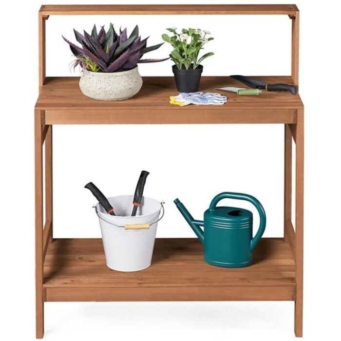 Wooden Potting Bench with Storage Shelf, Brown