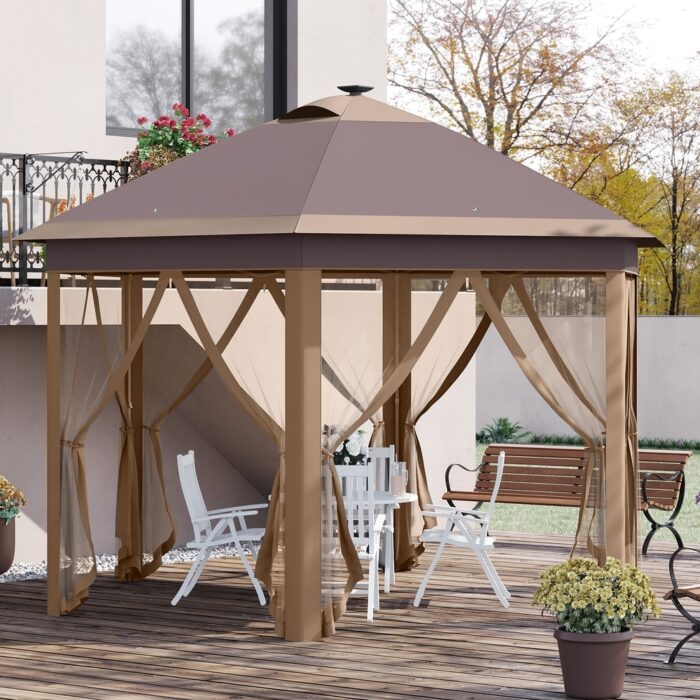 Outsunny 13' x 11' Pop Up Gazebo Tent, Hexagonal Canopy w/ Solar LED Light, Remote Control, Mesh Netting, Height Adjustable
