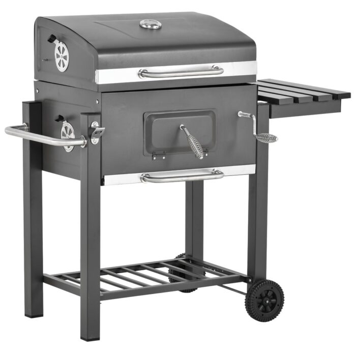 Outsunny Charcoal BBQ Grill Outdoor Portable Trolley Camping Picnic Backyard with Side Shelf Grey - 45.25"L x 22"W x 42.5"H - Image 2