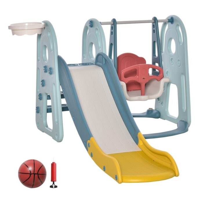 4 in 1 Toddler Slide and Swing Set with Adjustable Seat Height and Basketball Hoop, Freestanding Kids Climber Slide Playset