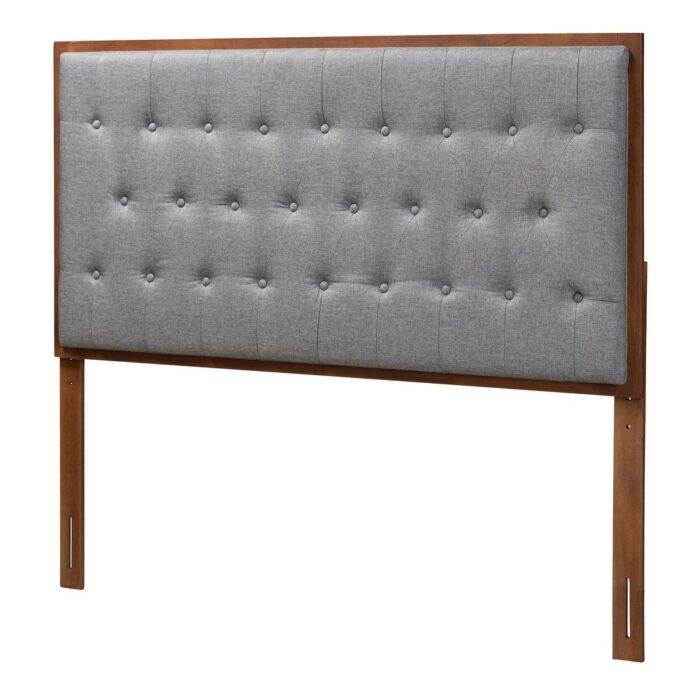 Harumi Classic and Traditional Grey Fabric and Walnut Brown Finished Wood Headboard - Image 2