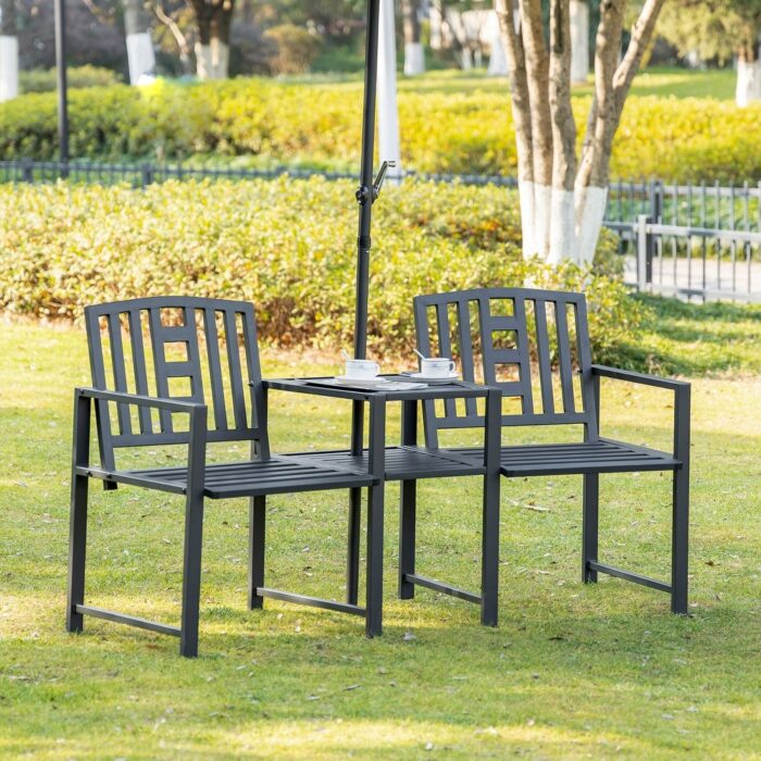 Outsunny Outdoor Double Tete-a-Tete Patio Lounge Chair with Center Coffee Table, Metal Frame and Umbrella Hole, Black