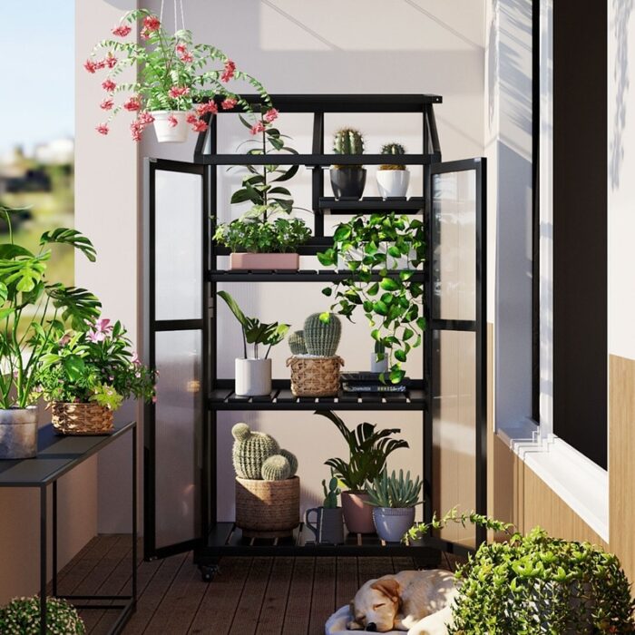 Wooden Cold Frame Large Greenhouse, Garden Nursery Planter Wood Portable Flower Cabinet Front Top w/ Wheels & Adjustable Shelves