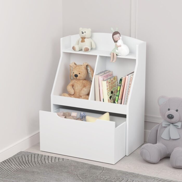 Kids Bookshelf with Drawer and Wheels, Children's Book Display, Wooden Bookcase, Toy Storage Cabinet Organizer, White - Image 2