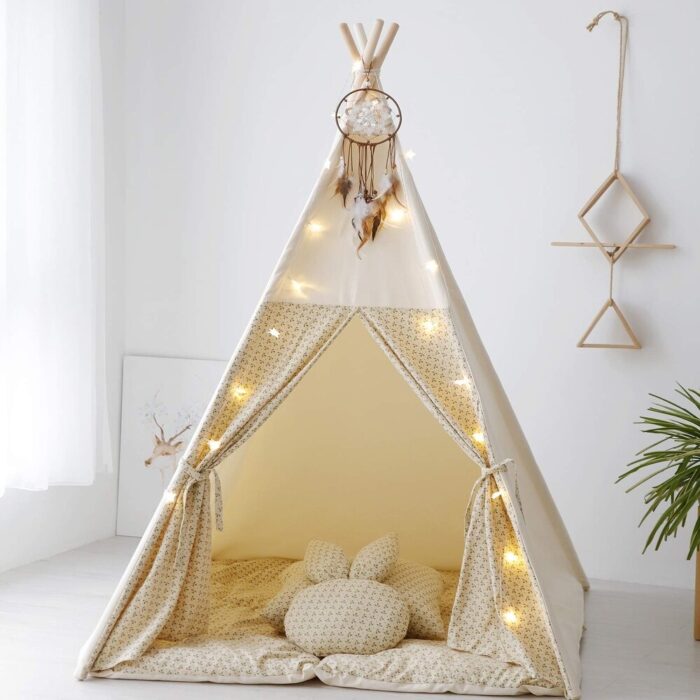 Canvas Teepee Play Tents for Kids with Carry bag, No Mat (Beige) - Beige - Image 2