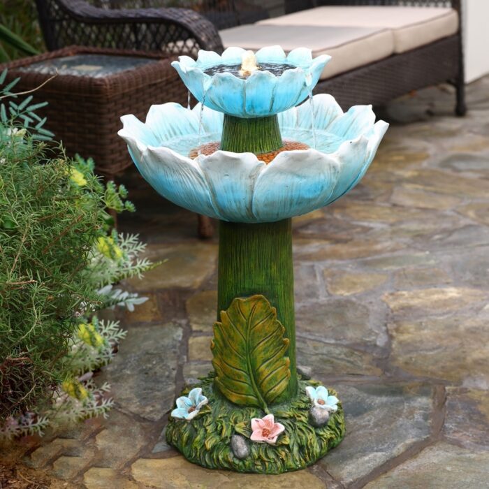 Solar Powered Blue Flower 2-Tier Resin Birdbath Fountain with Lights - Image 2