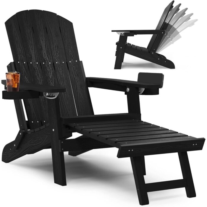 Folding Adirondack Chair Adjustable Backrest Chairs with Retractable Ottoman