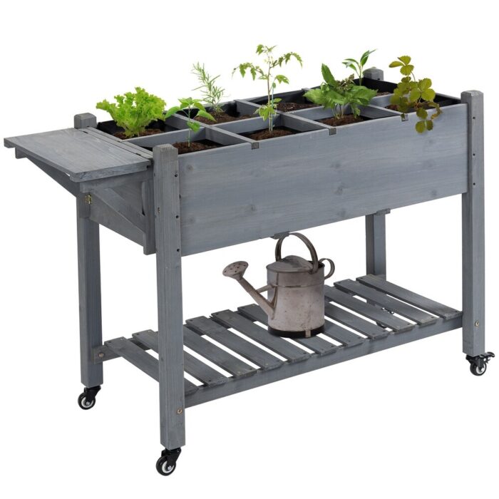 Outsunny 49'' x 21'' x 34'' Raised Garden Bed w/ 8 Grow Grids, Outdoor Wood Plant Stand w/ Storage Shelf and Lockable Wheels - Image 2