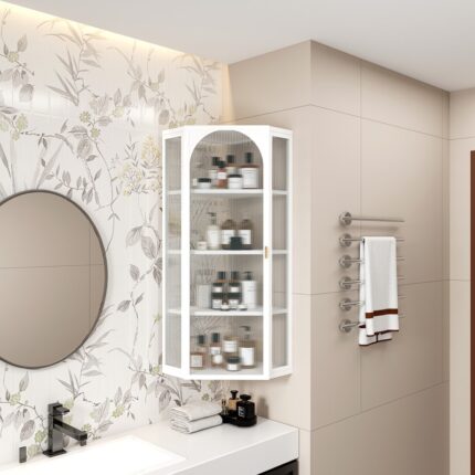 Modern Glass Doors Wall Mounted Bathroom Storage Cabinet, Triangular Corner Cabinet with Four-tier Shelves