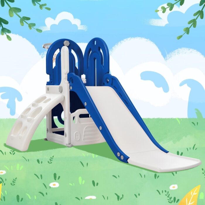 4-in-1 Kids Slide with Climber, Basketball Hoop and Storage Space, Freestanding Outdoor Indoor Slide Playset - Image 2