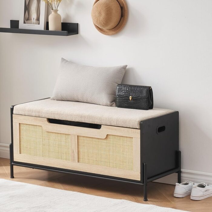 Rattan Storage Bench Upholstered Storage Chest for Entryway