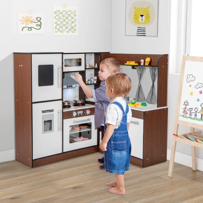 Wooden Corner Play Kitchen with Water Circulation System and Lights-Brown - 40" x 35" x 38"