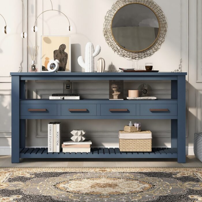 Long Entryway Console Sofa Table with Drawers, Farmhouse Wood Sofa Tables Console Table with 4 Drawers and 2 Shelves - Image 2