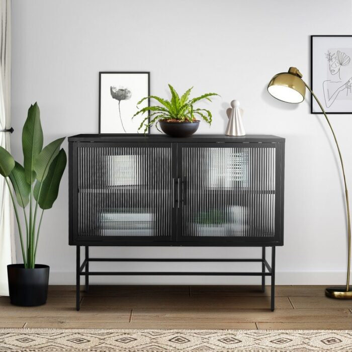 Vintage Fluted Glass Accent Storage Cabinet, Sideboard Buffet, Retro Steel Console Table with Adjustable Shelf, Display Cabinet - Image 2