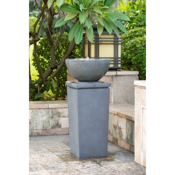 Polyresin Gray Zen Bowl Water Fountain, Outdoor Bird Feeder /Bath Fountains, Relaxing Water Feature - Image 2