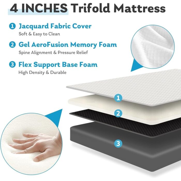Folding Mattress, 4-Inch Tri-Fold Memory Foam Mattress with Breathable & Washable Cover, Portable & Foldable Mattress - N/A - Image 2