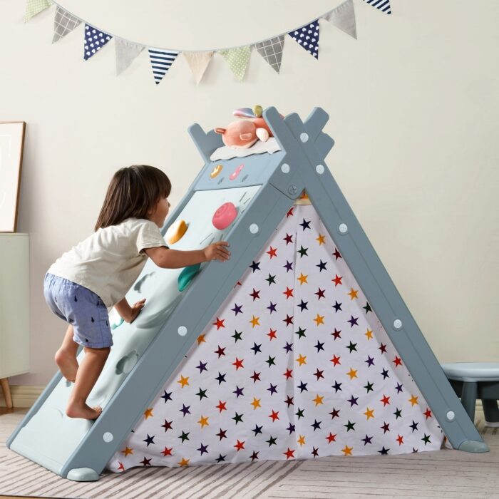 Kids Play Tent Foldable 4 in 1 Teepee Playhouse Tent for Boys & Girls with Stool and Climber