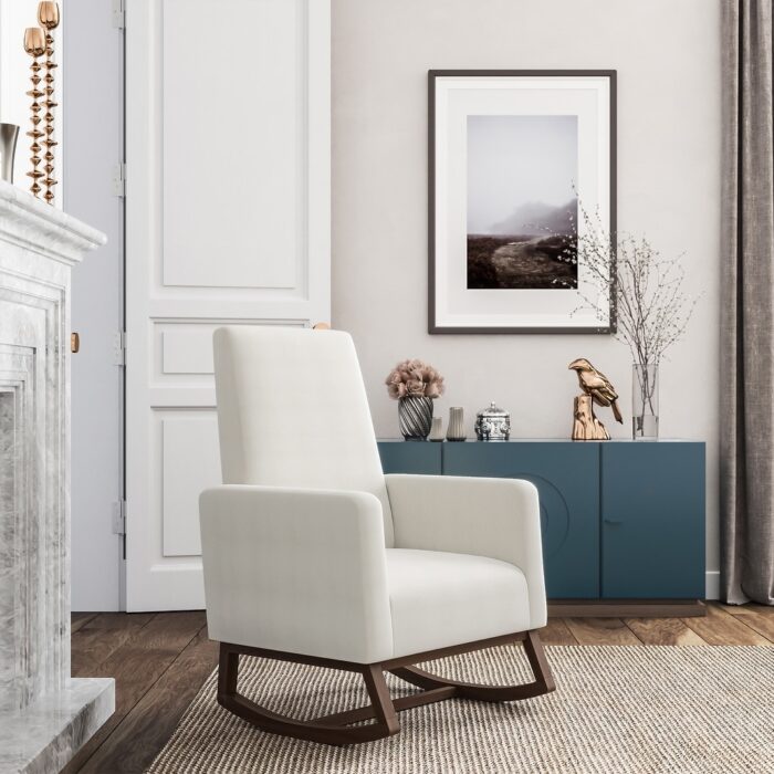 BELLEZE Rocking Chair Upholstered Arm chair Padded Seat, White - Image 2