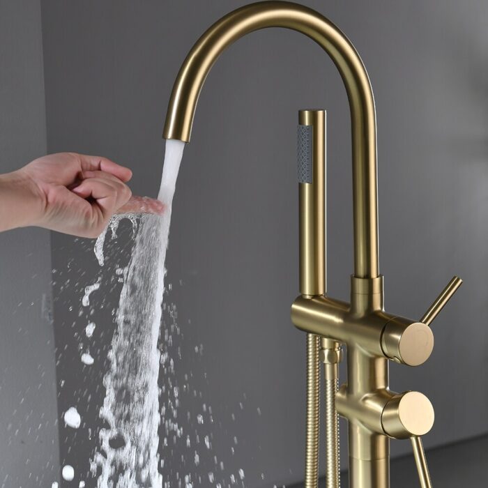 Freestanding Brushed Gold Tub Filler Bathtub Faucet with Handheld Shower - Image 2