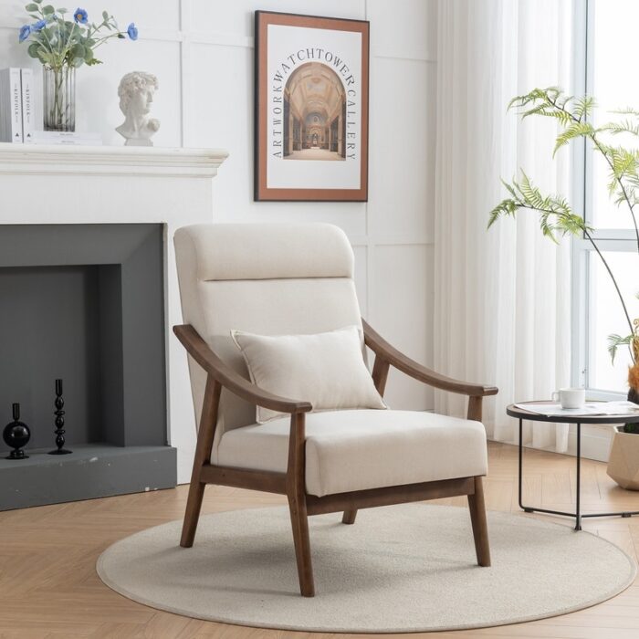 SEYNAR Mid Century Boucle Uplostered High Back Soild Wood Accent Armchair with Pillow