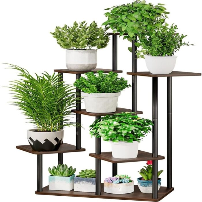 Plant Stand 7 Tier Indoor Metal Black Oak