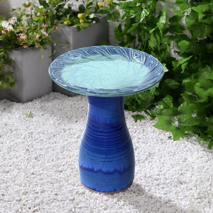 Blue Glazed Spiral Ceramic 20-In Tall Birdbath