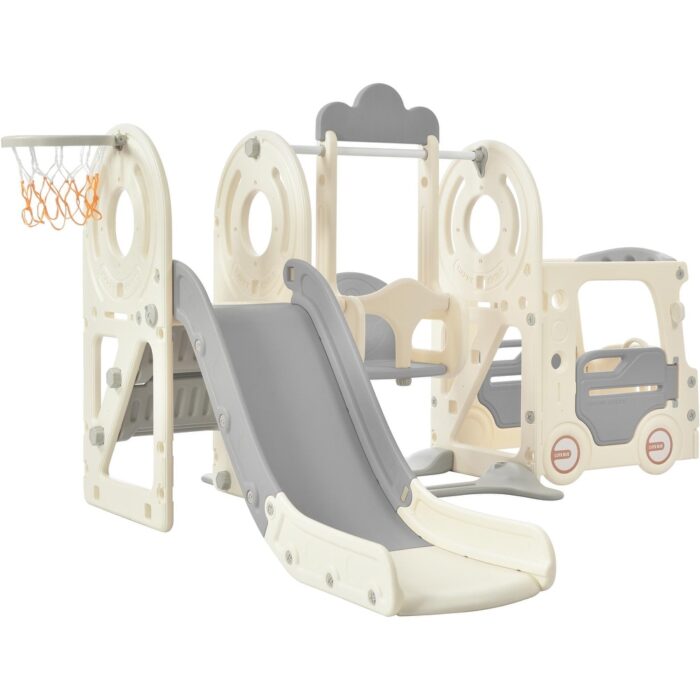 Kids Swing-N-Slide with Bus Play Structure, Freestanding Bus Toy with Slide&Swing for Bus Slide Set with Basketball Hoop - Image 2