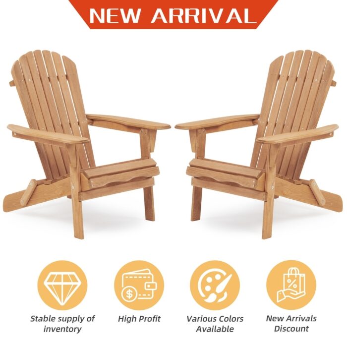 Wooden Outdoor Folding Adirondack Chair Set of 2 Wood Lounge Patio Chair for Garden,Garden,Lawn,Backyard,Deck,Pool Side,Fire Pit