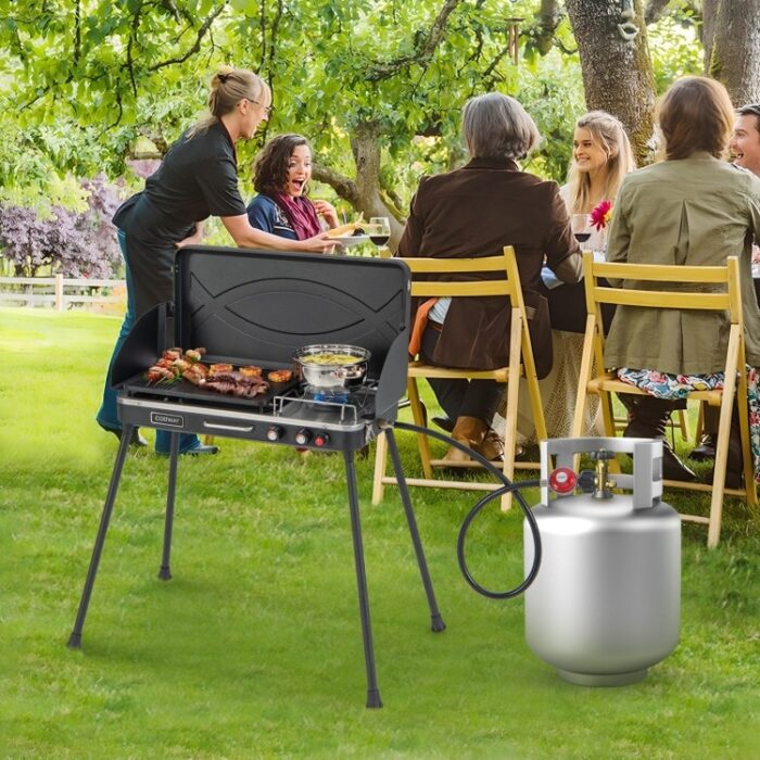 2-in-1 Gas Camping Grill and Stove with Detachable Legs-Black - 11.5" x 23" x 34.5"