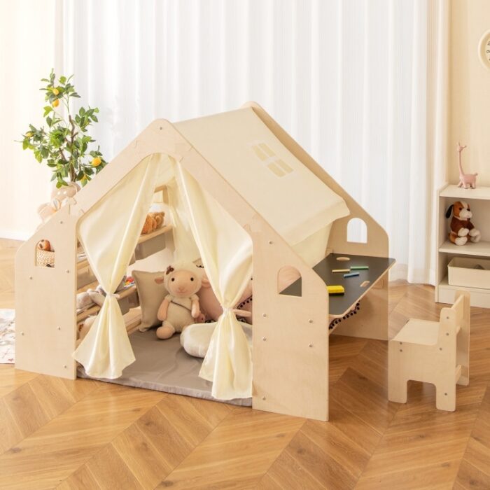 6-in-1 Kids Play Tent Playhouse with Blackboard 6 Storage Bins and Floor Cushion-Beige - Natural - 57" x 38" x 45"