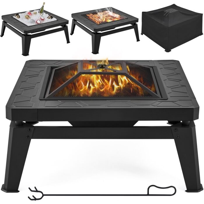 Yaheetech 32in Fire Pit Table Outdoor Patio Fire Pits Square Steel Stove with Mesh Screen and Cover - N/A